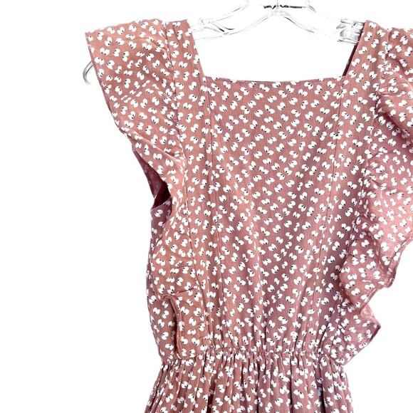 Buho girls ditzy print light brown sleeveless flutter dress size 14 - Picture 3 of 6